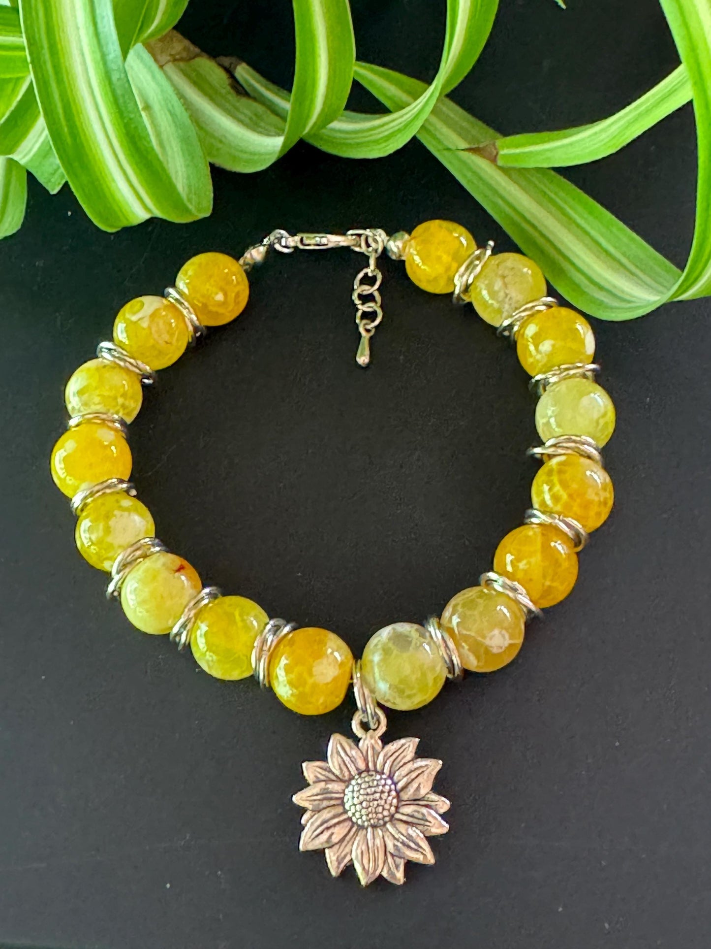 10mm Yellow Agate Gemstone Bracelet with silver spacers and hanging Sunflower Charm - Bright & Uplifting