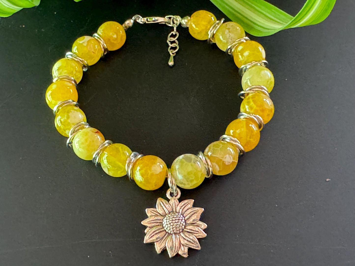 10mm Yellow Agate Gemstone Bracelet with silver spacers and hanging Sunflower Charm - Bright & Uplifting