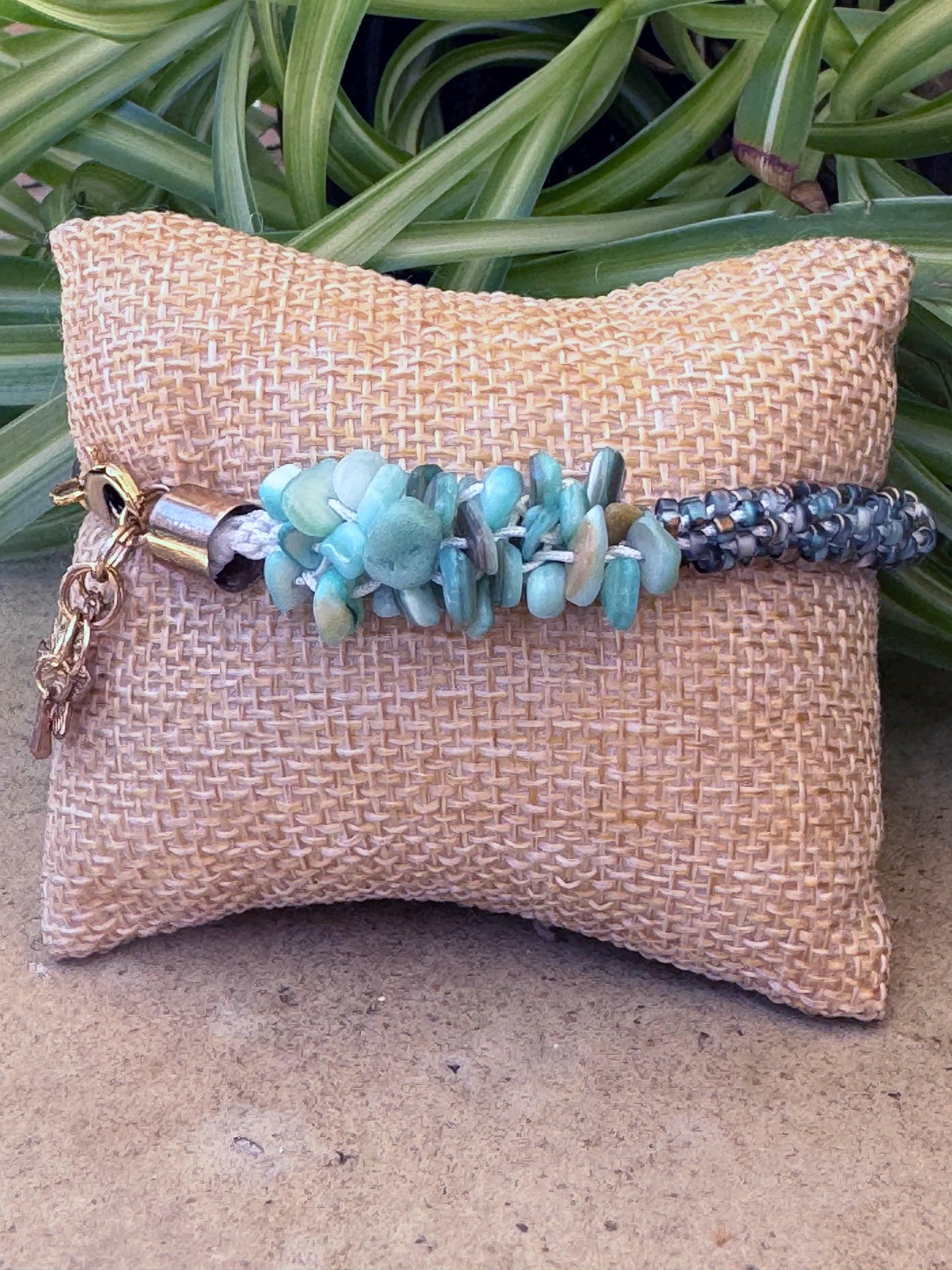 Kumihimo Blue Dyed Shell with Glass Bead Bracelet - Blue Dyed Shell with Glass Bead Bracelet with golden flower hanging charm.