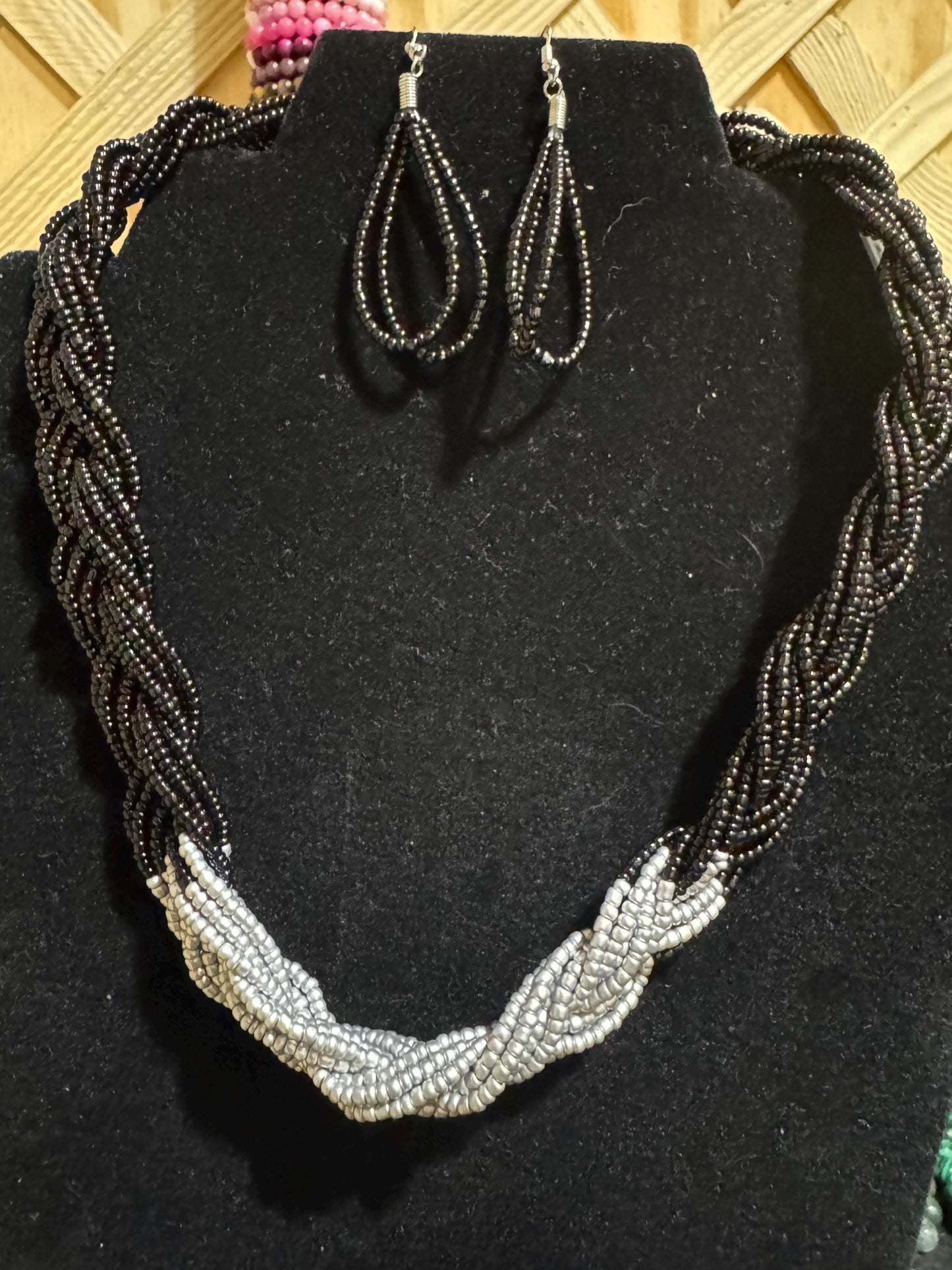 Vintage Bohemian Handmade Glass Beads Necklace with Earrings Set.