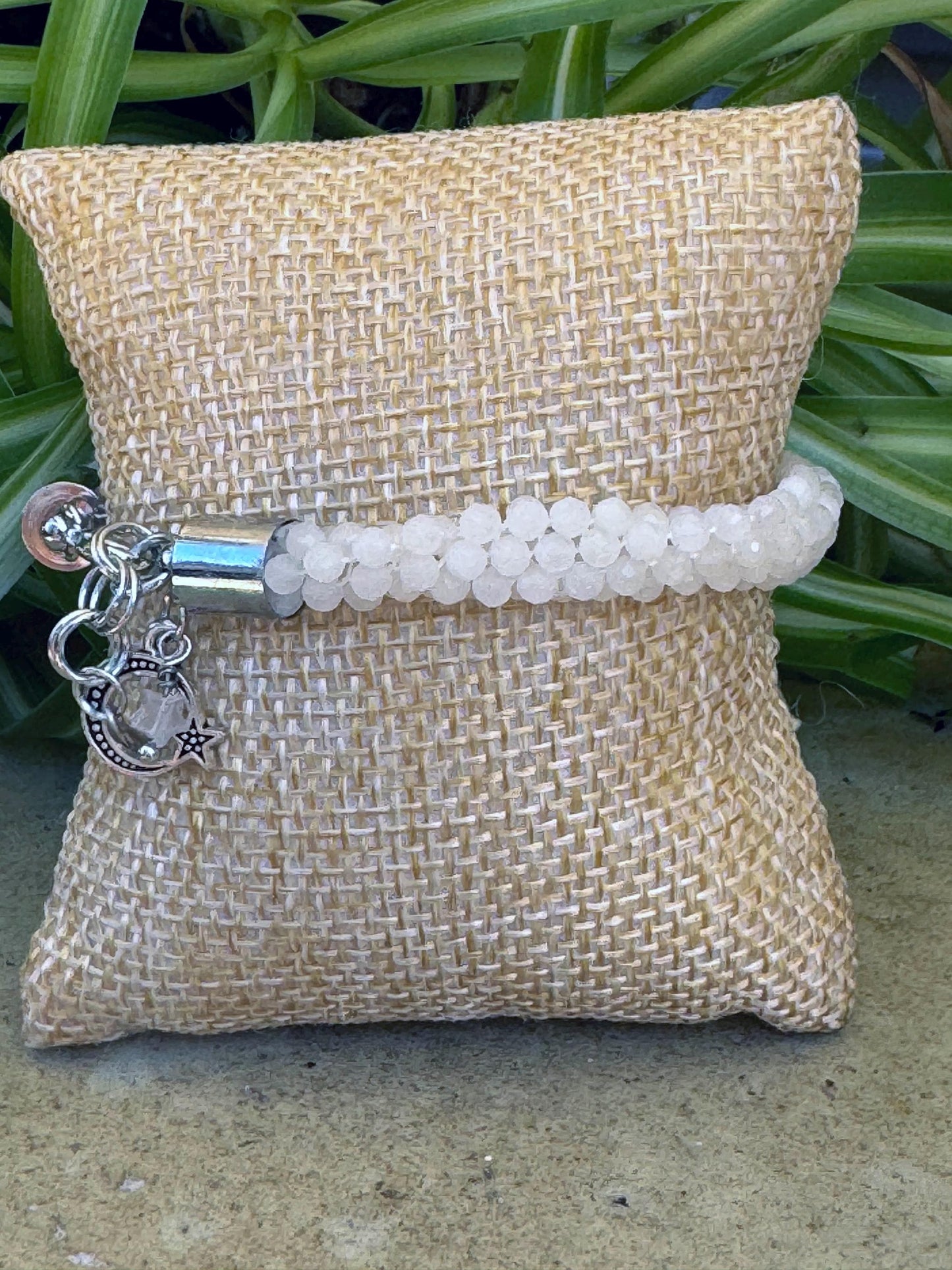 Kumihimo Moonstone Gemstone Bracelet - Moonstone Gemstone bracelet with silver moon and star hanging charm.