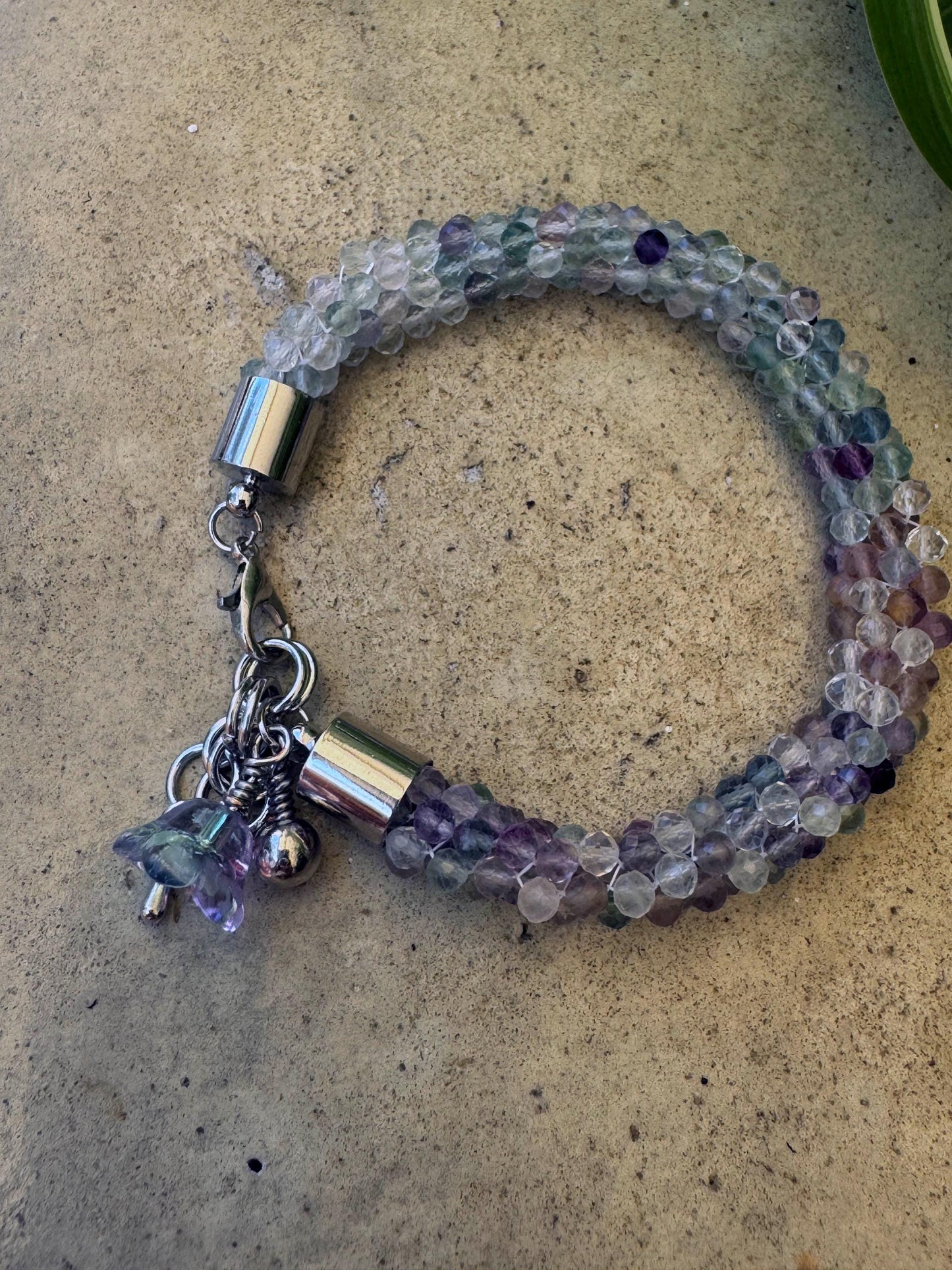 Kumihimo Fluorite Crystal Bracelet - Fluorite Crystal Bracelet with silver hanging charm.