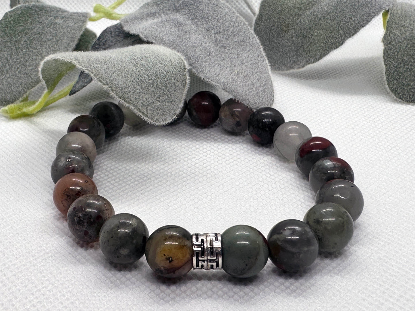 10mm African Bloodstone Beaded Stretch Bracelet with a Tibetan Style Silver Spacer. March Birthstone. Gift for Him. Gift for Her.