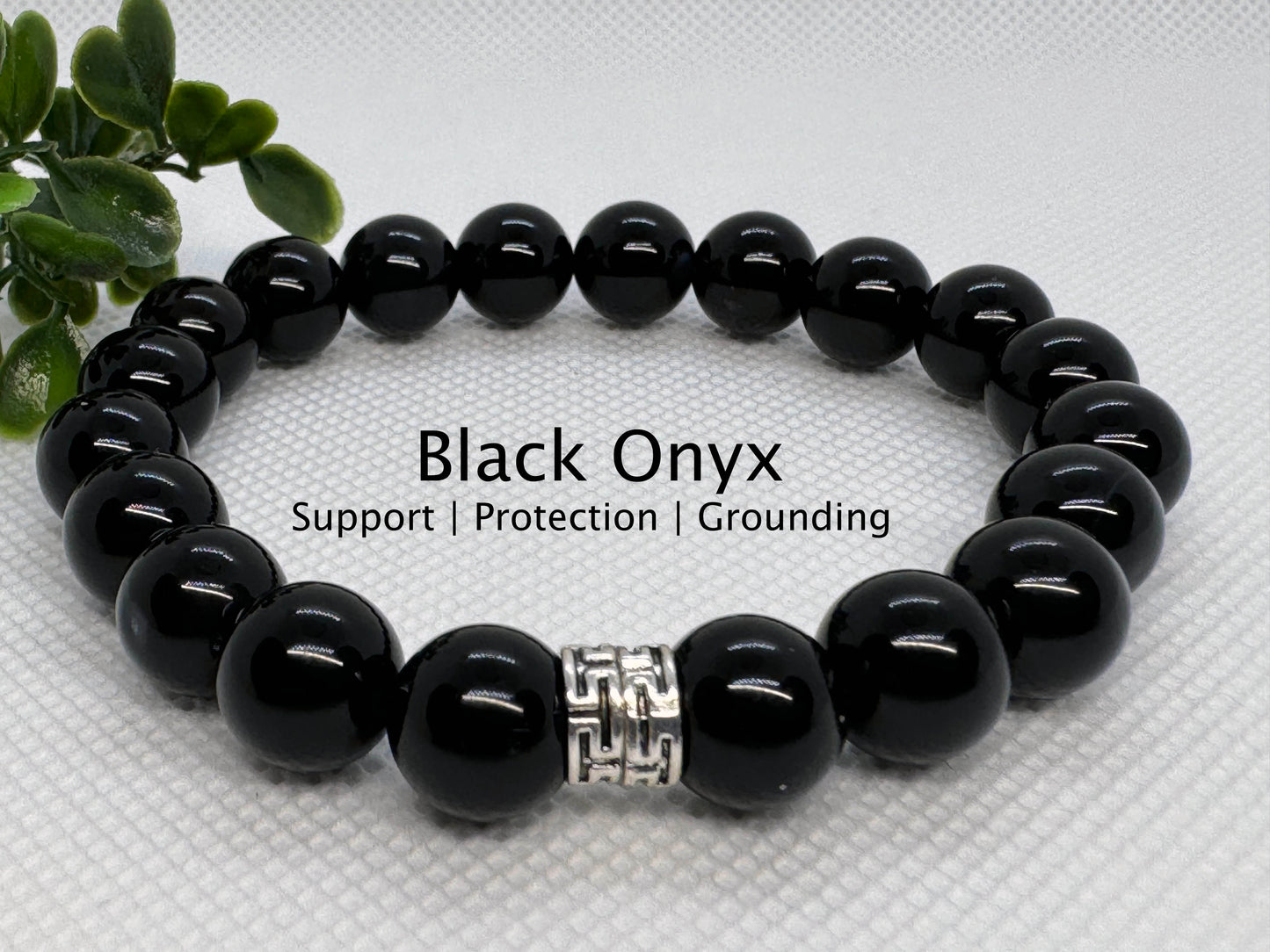 10mm Black Onyx Gemstone Stretch Beaded Bracelet with a Tibetan Style Silver Spacer. Gift for Him. Gift for Her.