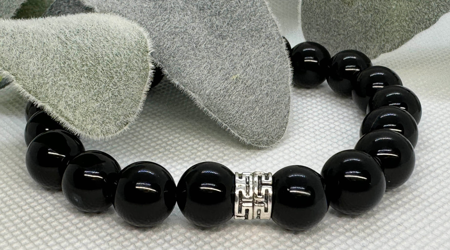 10mm Black Onyx Gemstone Stretch Beaded Bracelet with a Tibetan Style Silver Spacer. Gift for Him. Gift for Her.