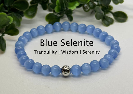 6mm Blue Selenite (Gypsum) Stretchy Bracelet with an Evil Eye Silver Bead. Gift for Her. Gift for Him.