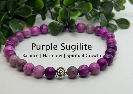 6mm Purple Sugilite Beaded Stretch Bracelet with a Silver Bead. Gift for Him. Gift for Her.