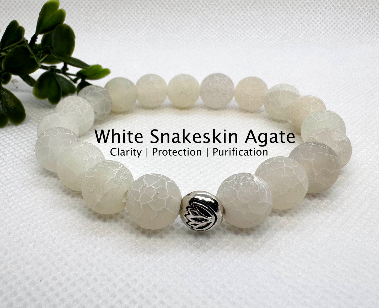 10mm Snakeskin Agate Beaded Stretch Bracelet with a Silver Bead. Gift for Him. Gift for Her.