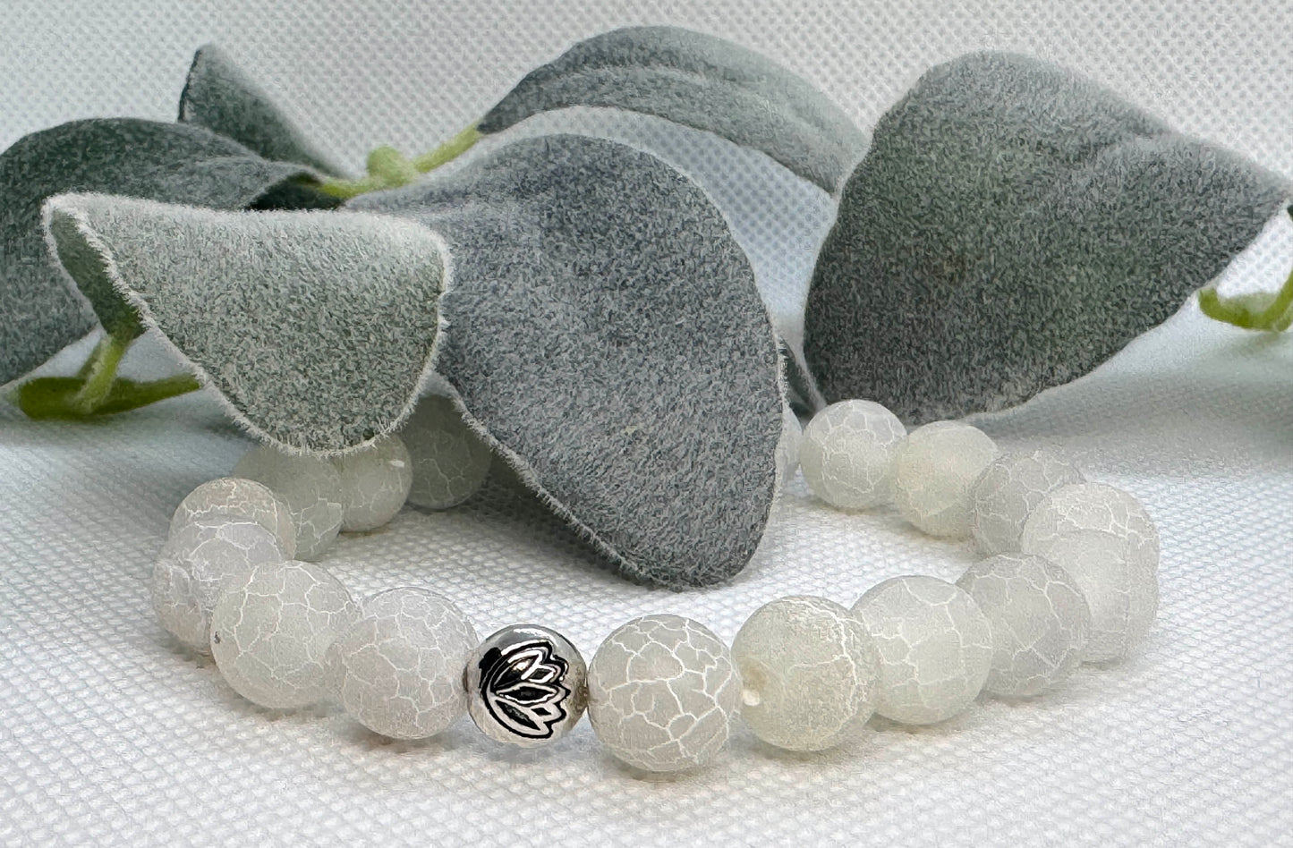 10mm Snakeskin Agate Beaded Stretch Bracelet with a Silver Bead. Gift for Him. Gift for Her.