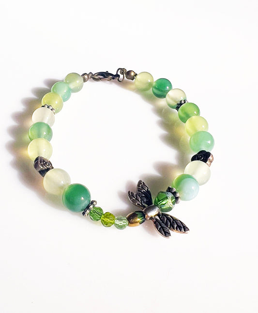 Prehnite Bracelet - Round beaded bracelet with dragonfly charm.