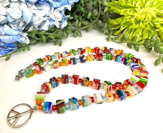 Multicolor Square Glass Beaded Necklace - Multicolor 10" Square and E-Beads Glass Beaded Necklace with a peace sign pendant.