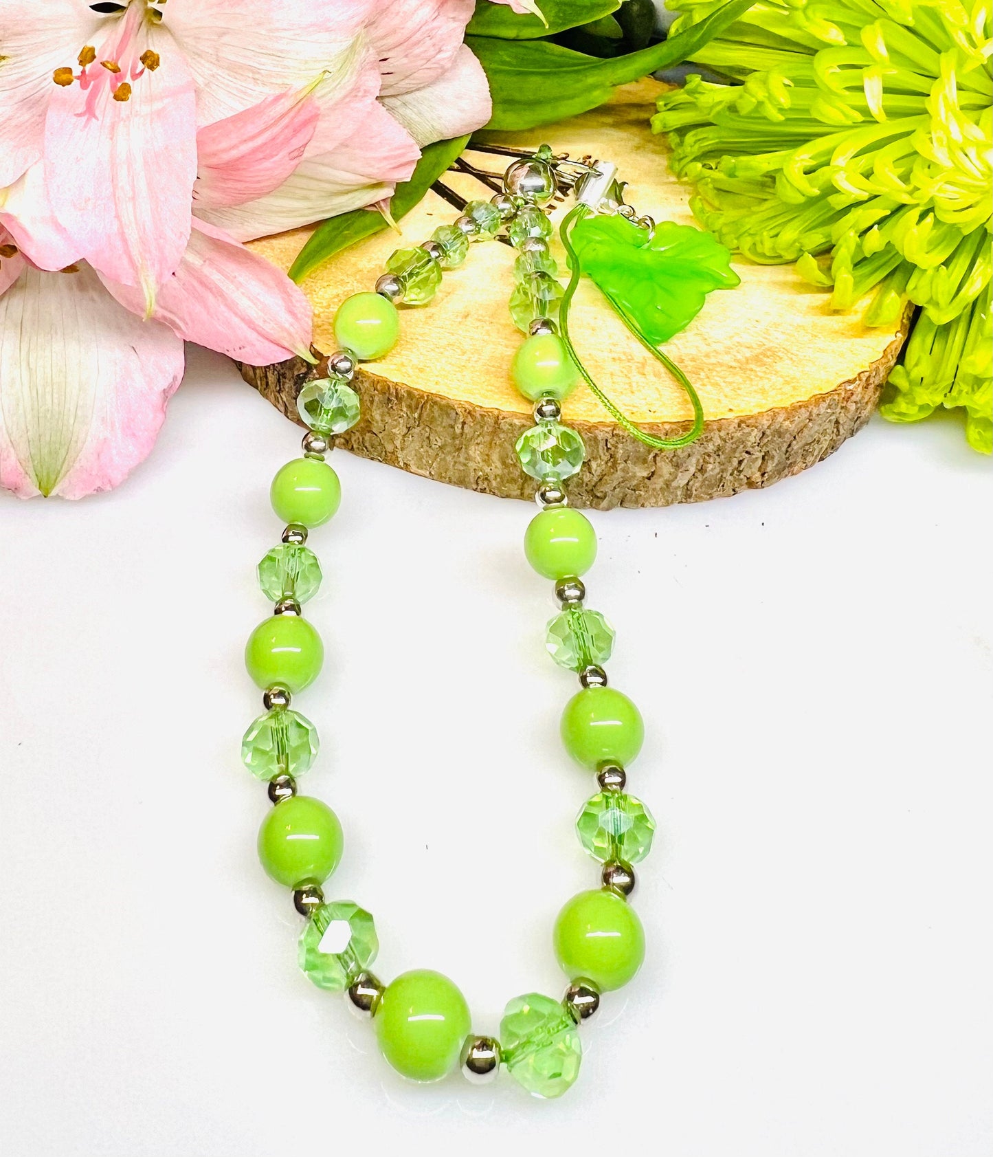 8mm Green Acrylic Bead with 7mm Green Crystal Bead and silver spacer Phone Charm.