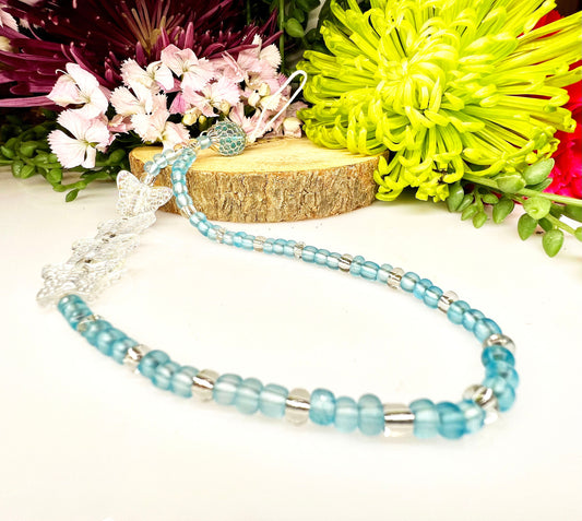 Blue Glass E-Beads with white Butterflies Phone Charm.
