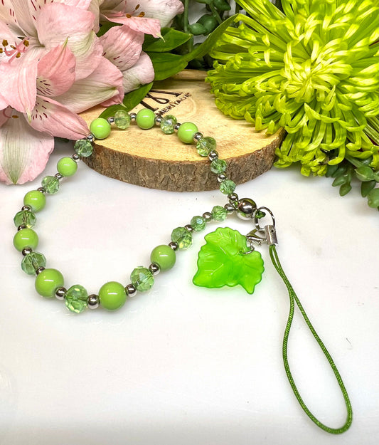 Green 8mm Acrylic Bead with 7mm Green Crystal Bead and silver spacer Phone Charm.