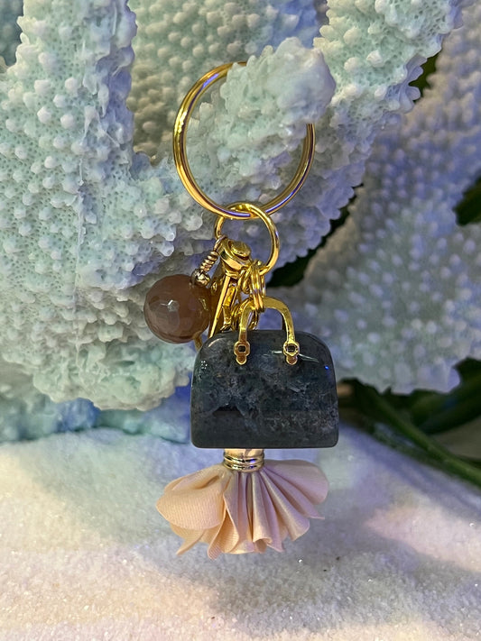 Mini Purse gemstone Keychain with gemstone bead charm and flower.