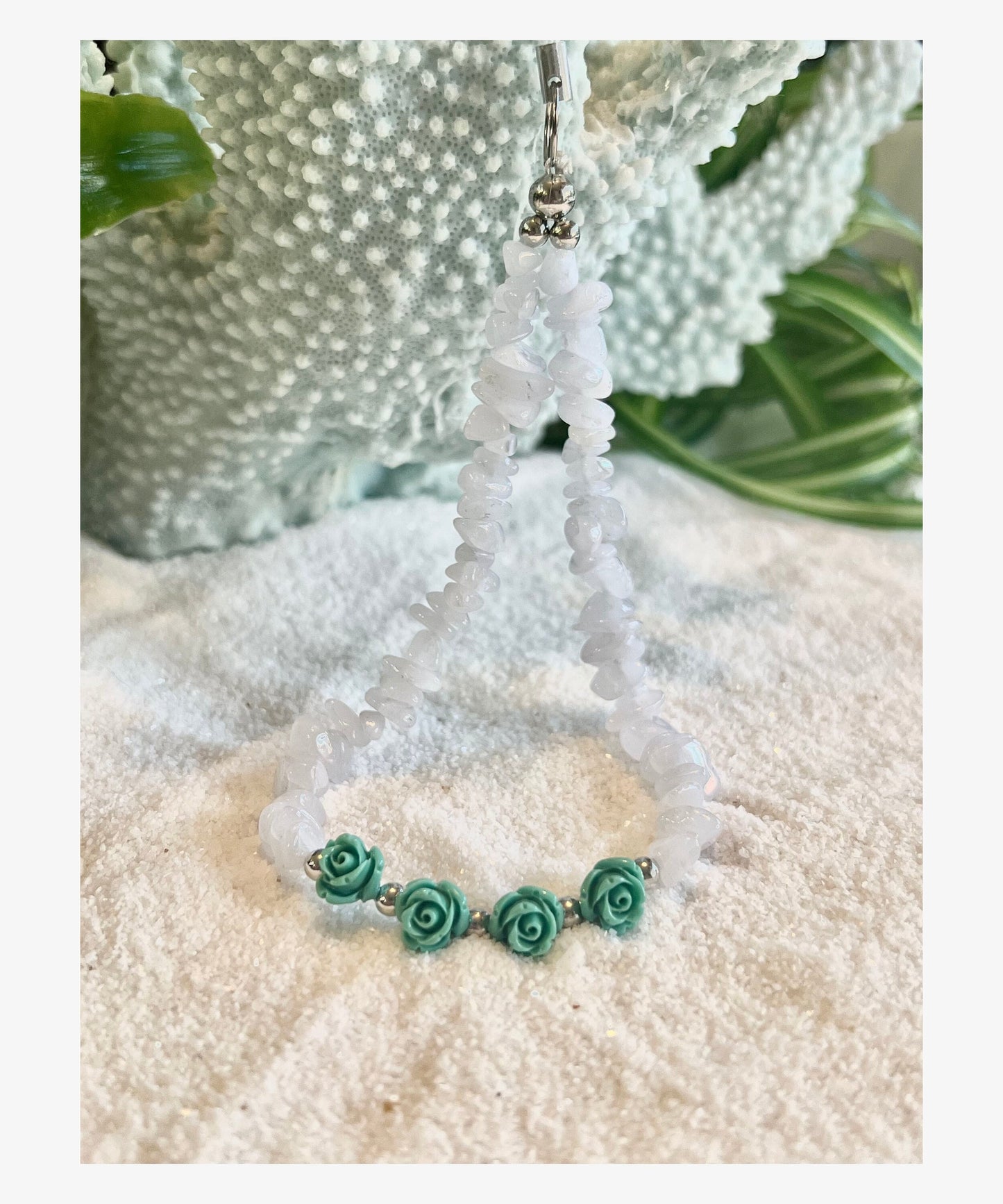 Milky Quartz Gemstone Chips with Blue Roses Phone Charm.