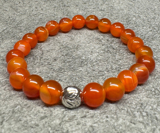 8mm Orange Red Carnelian Stretchy Beaded Bracelet with a Lotus Bead.