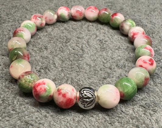 8mm Pink and Green Rain Flower Jade Gemstone Stretchy Bracelet with a Lotus Silver Bead.