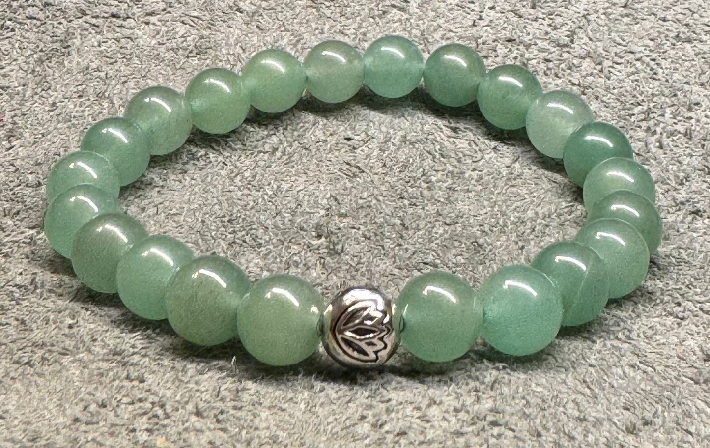 8mm Green Aventurine Beaded Gemstone Stretch Bracelet with a Lotus Silver Bead.