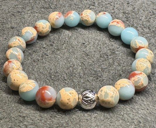Aqua Terra Jasper Beaded Gemstone Stretch Bracelet with a Lotus Silver Bead. Personalized Size.