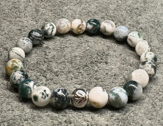 8mm Tree Agate Beaded Stretch Bracelet with a Lotus Silver Bead.