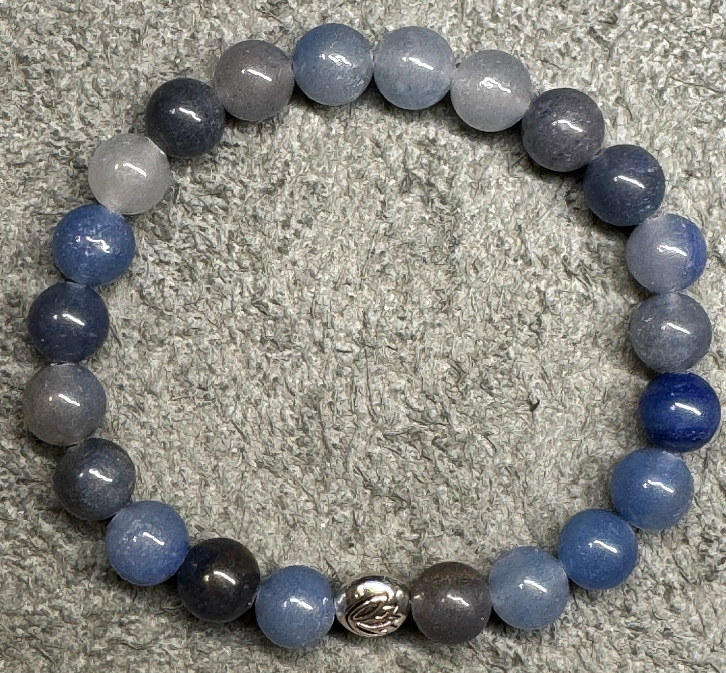 8mm Blue Aventurine Beaded Stretch Bracelet with a Lotus Silver Bead.