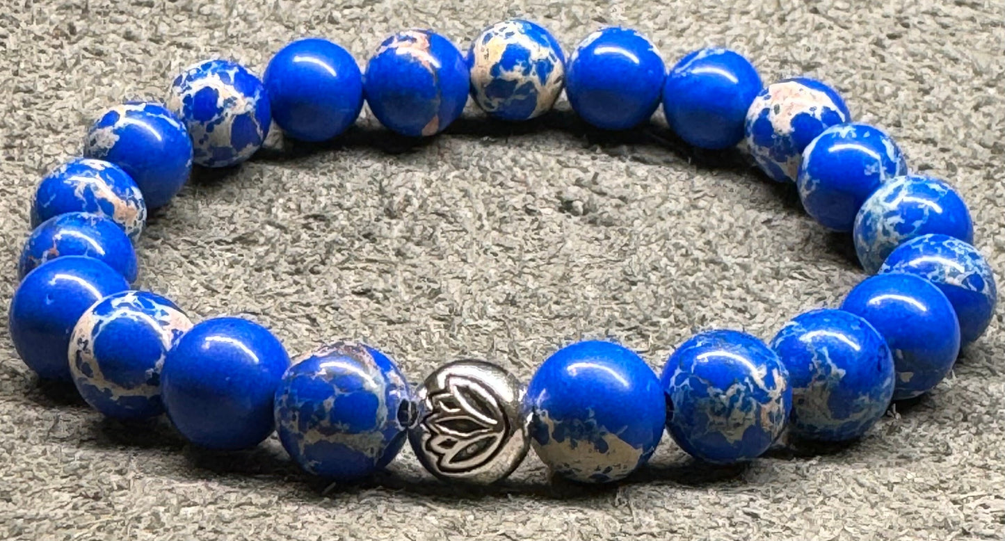 8mm Lazulite Beaded Stretch Bracelet with a Lotus Silver Bead.