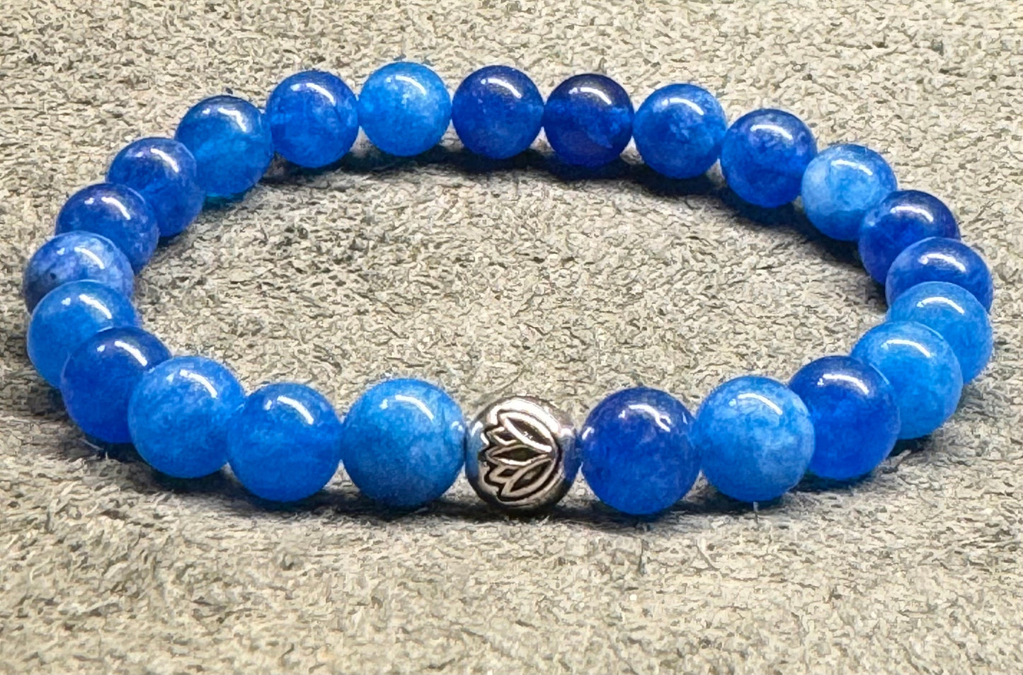 8mm Blue Apatite Beaded Gemstone Stretch Bracelet with a Lotus Silver Bead.