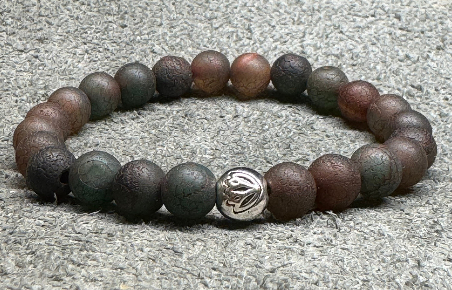 8mm Ironstone Concretion Beaded Stretch Bracelet with a Lotus Silver Bead.