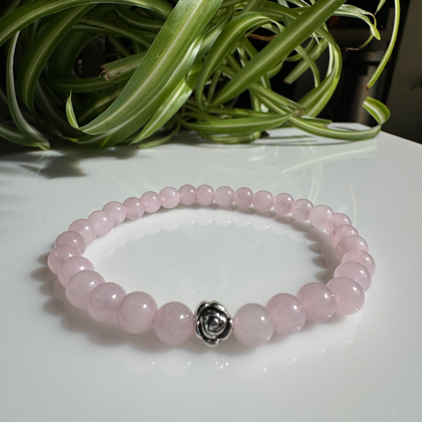 6mm Rose Quartz Beaded Stretch Bracelet with a Silver Bead.