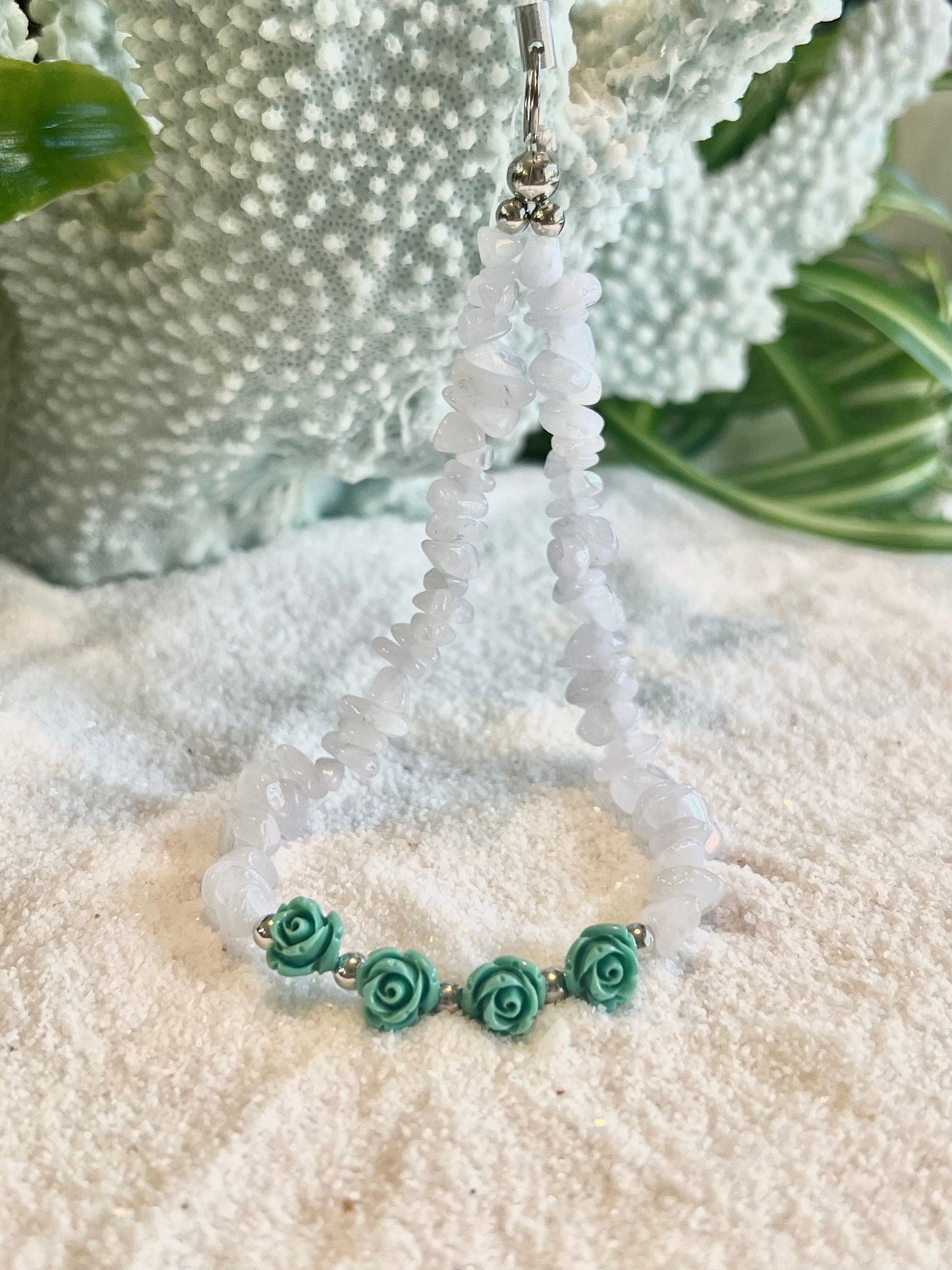 Milky Quartz Gemstone Chips with Blue Roses Phone Charm.