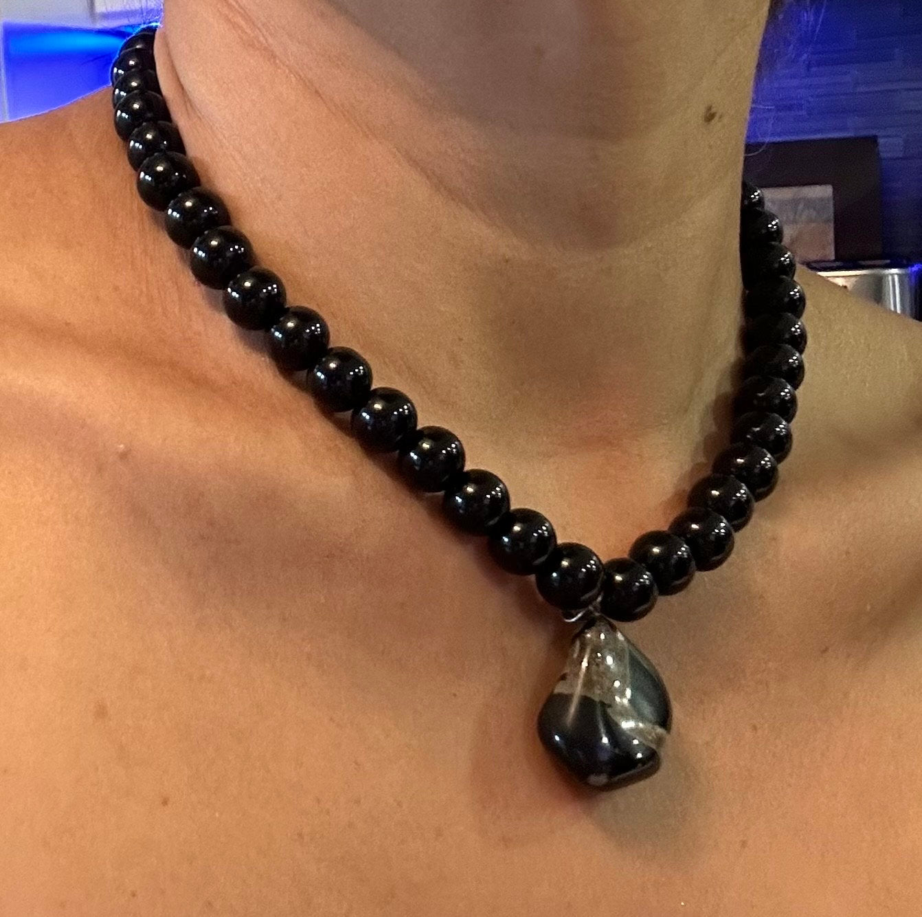 Black Onyx 10mm Beads Chocker Necklace with Pendant.