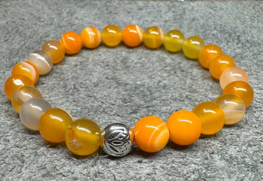 Carnelian Agate 8mm Gemstone Stretchy Bracelet with a Lotus Silver Bead.