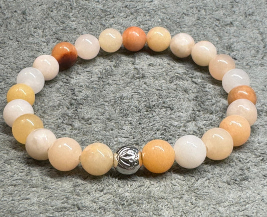 8mm Peach Aventurine Gemstone Stretchy Bracelet with a Lotus Silver Bead.