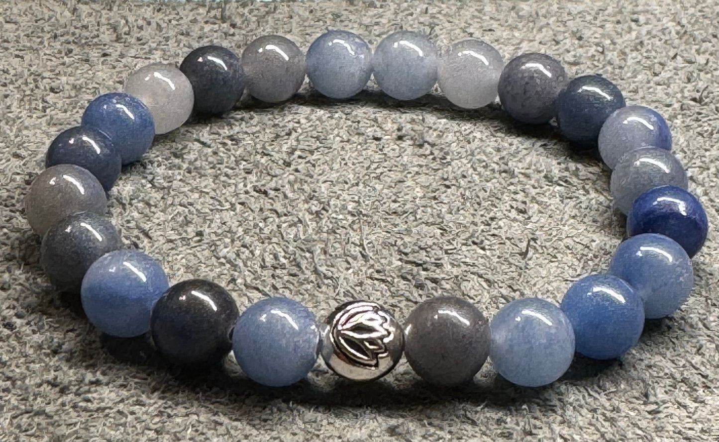 8mm Blue Aventurine Beaded Stretch Bracelet with a Lotus Silver Bead.