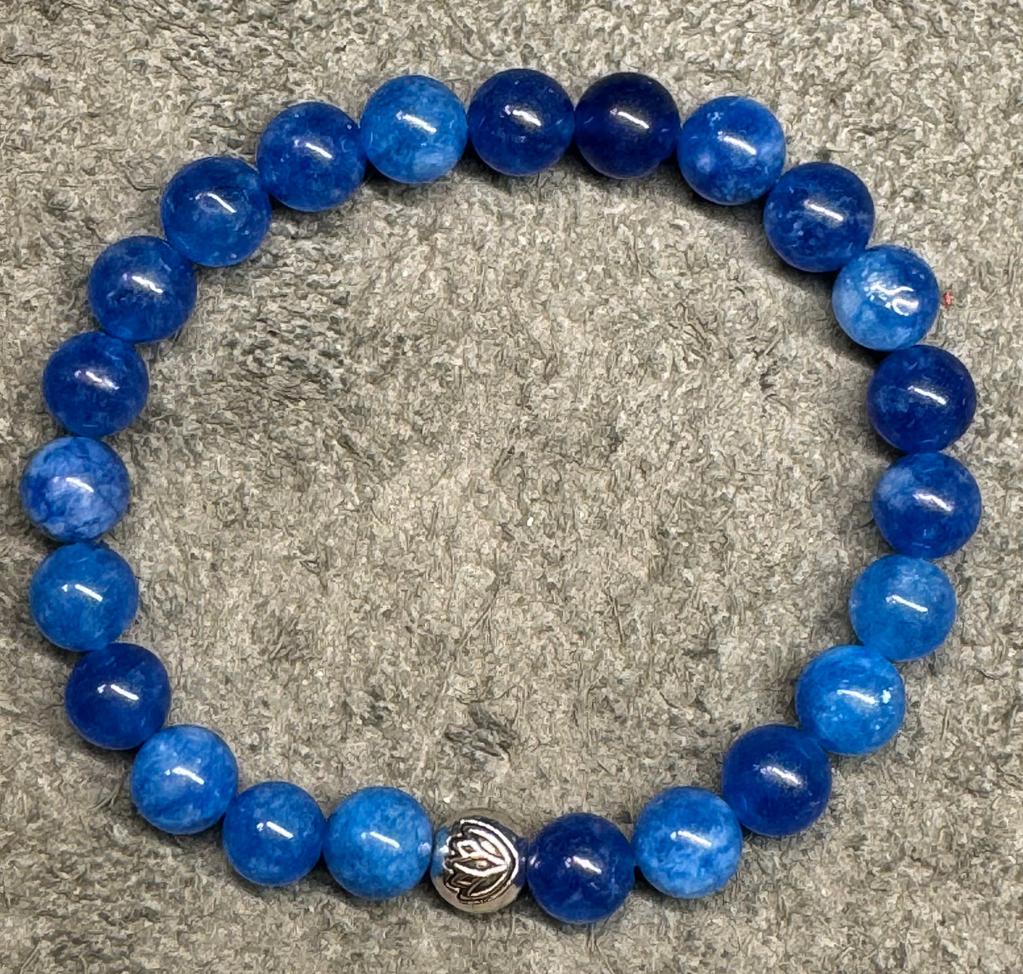 8mm Blue Apatite Beaded Gemstone Stretch Bracelet with a Lotus Silver Bead.