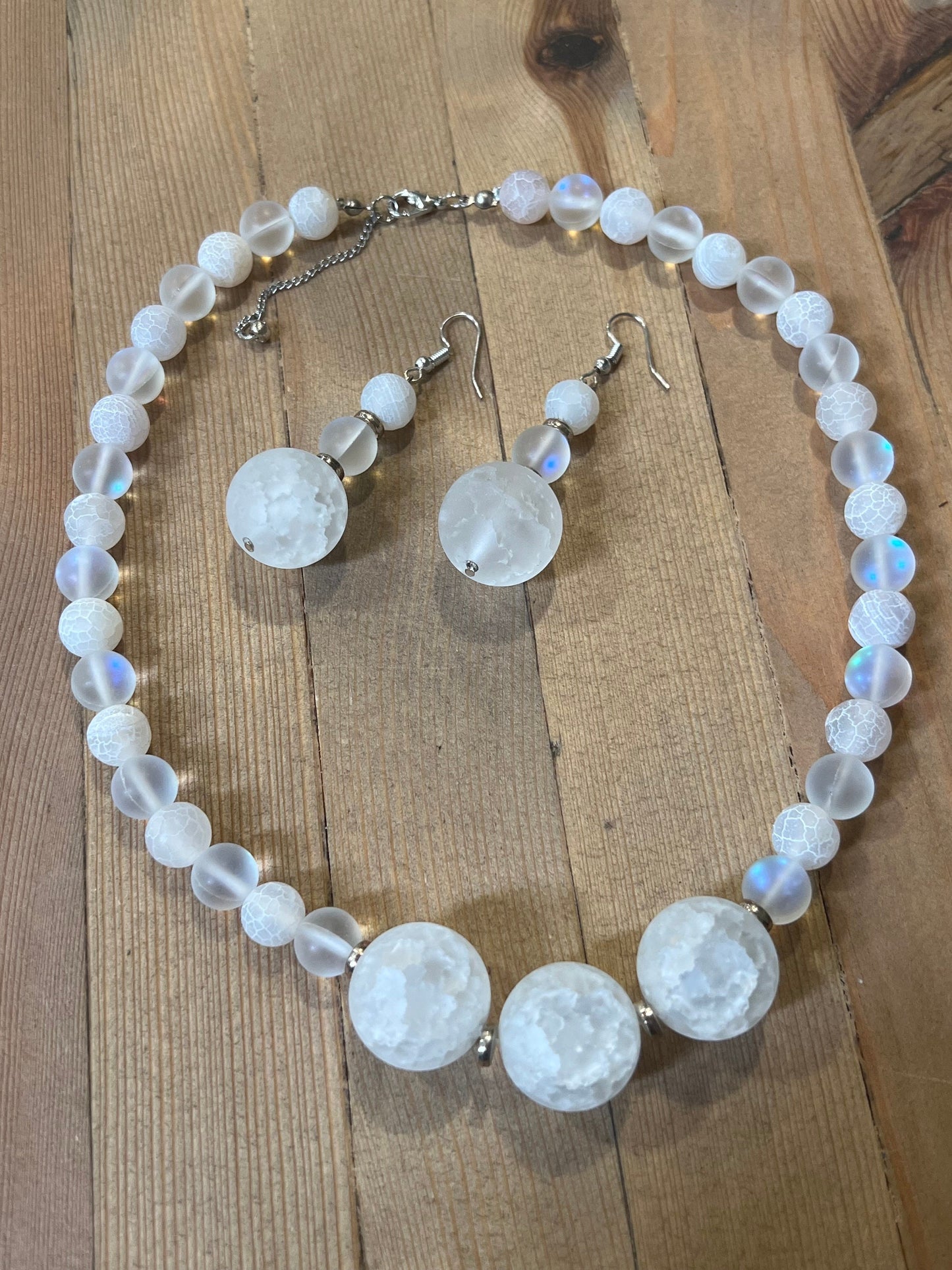 Snakeskin Agate and Opalite necklace and earrings set. 19 1/2" Gemstone Beaded Necklace