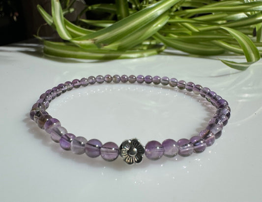 4mm Amethyst Gemstone Beaded Stretch Bracelet with a Flower Silver Bead. January Birthstone. Gift for her. Minimalistic Jewelry.