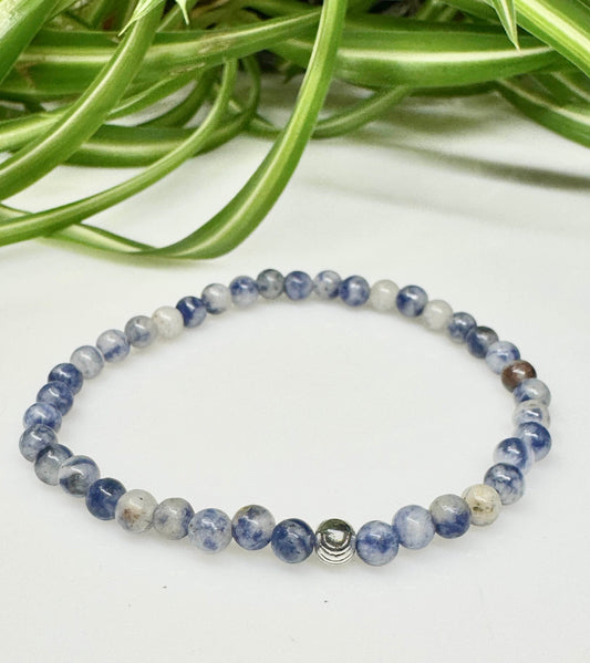 4mm Sodalite Beaded Stretchy Bracelet with a Silver Bead. Gift for Him. Gift for her.