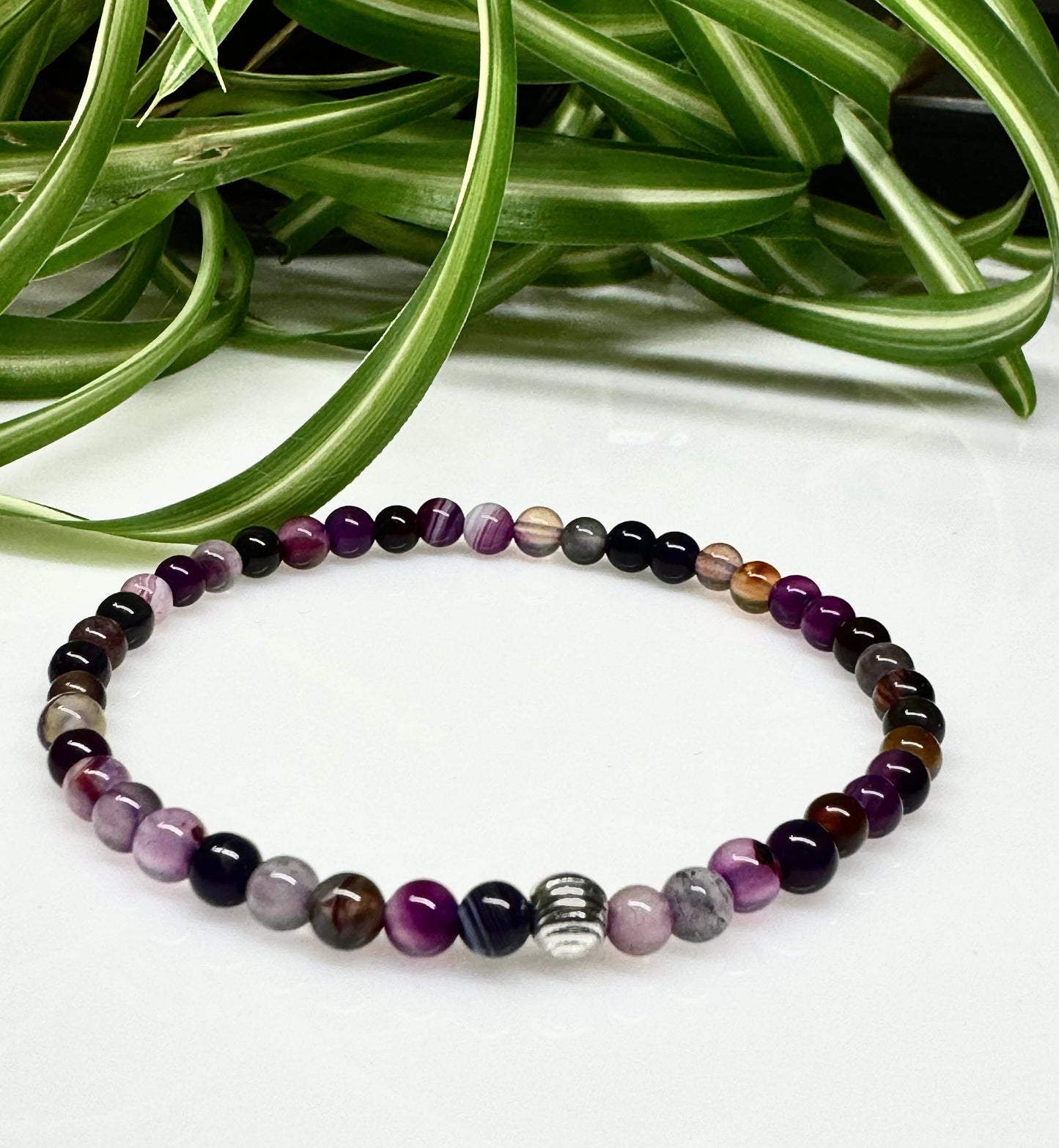 4mm Purple Agate Beaded Stretchy Bracelet with a Silver Bead. Gift for Him. Gift for her.