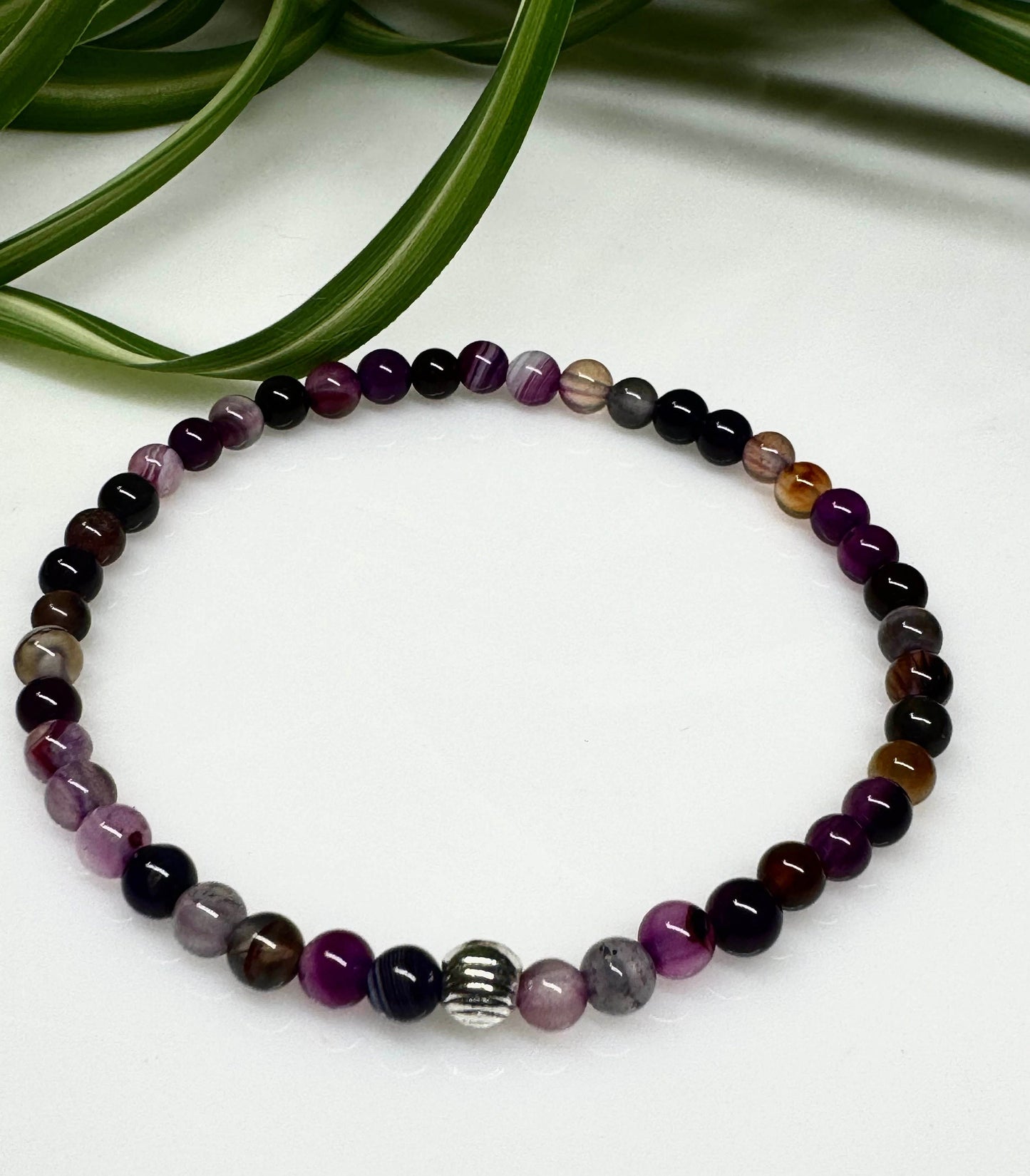 4mm Purple Agate Beaded Stretchy Bracelet with a Silver Bead. Gift for Him. Gift for her.