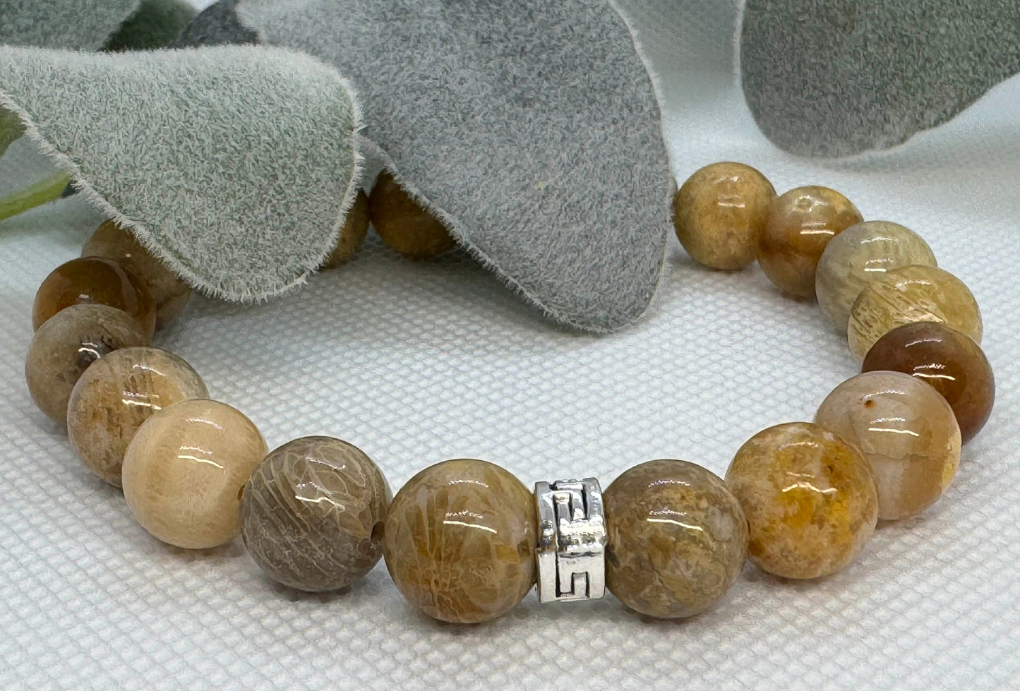 10mm Yellow Jasper Beaded Stretch Bracelet with a Silver Spacer.