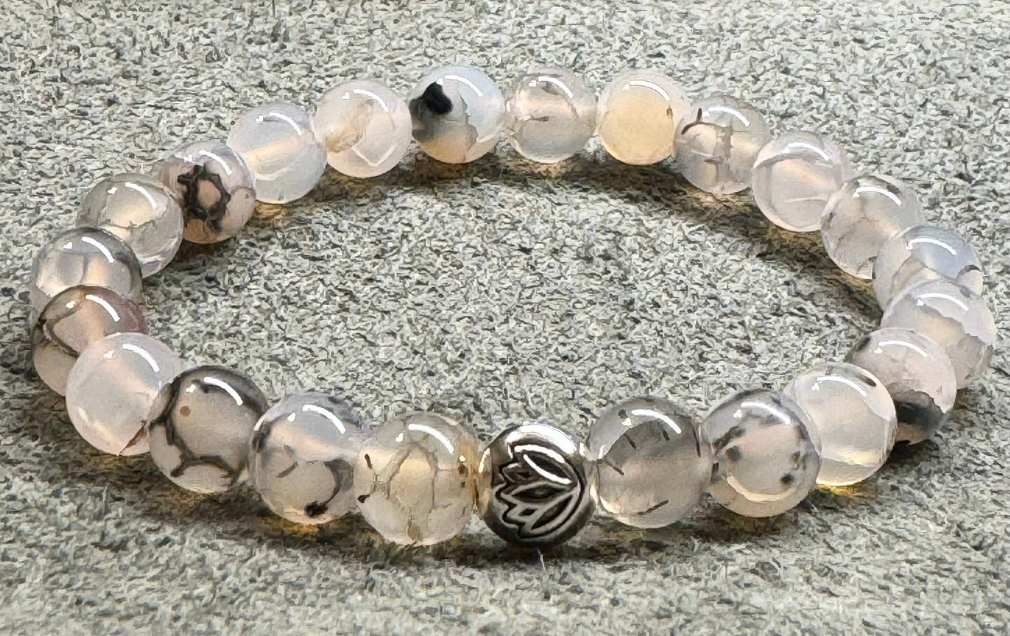 8mm Montana Moss Agate Beaded  Stretch Bracelet with a Lotus Silver Bead.