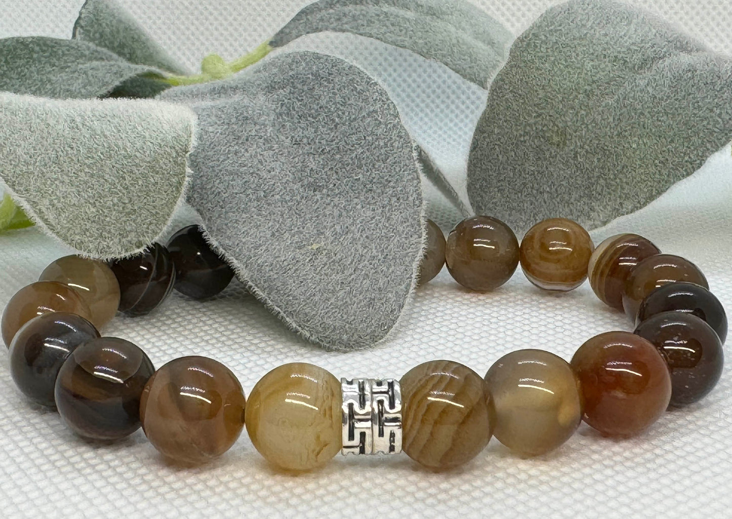 10mm Botswana Agate Beaded Stretch Bracelet with a Tibetan Style Silver Spacer. Gift for Him. Gift for Her.