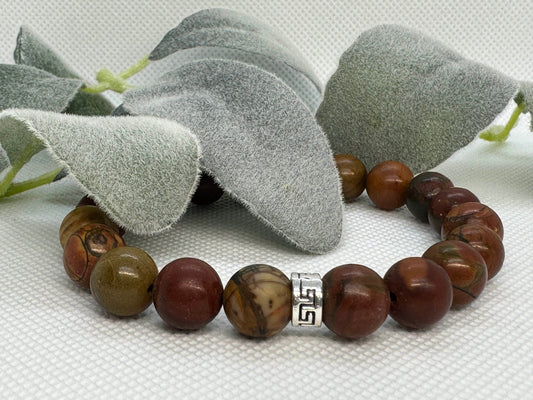 Cherry Creek Jasper Beaded Stretch Bracelet with a Silver Spacer. Stability, Creativity, Grounding.