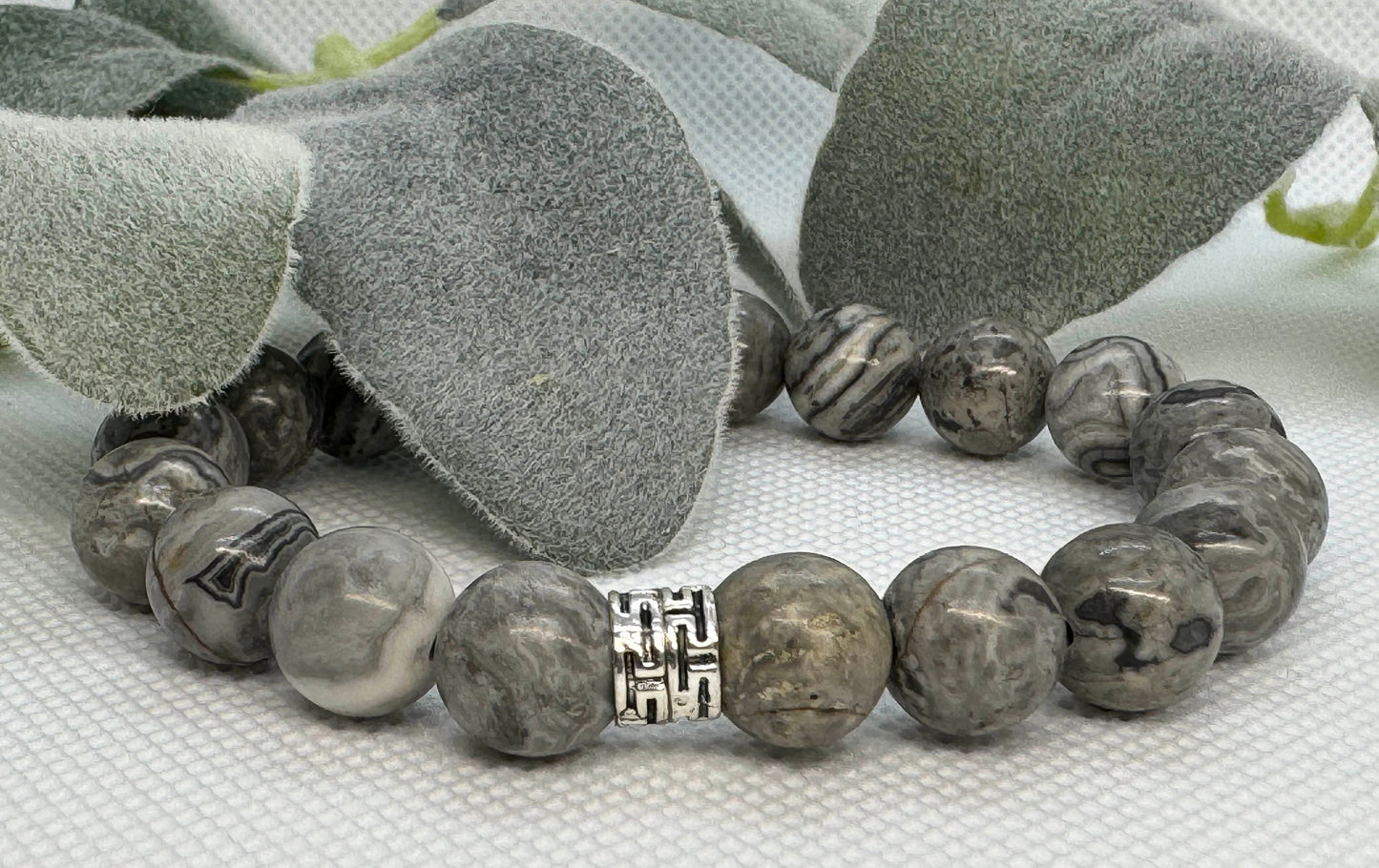 10mm Map Jasper Beaded Stretch Bracelet with a Silver Spacer.