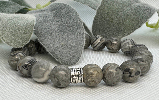 Map Jasper Beaded Stretch Bracelet with a Silver Spacer. Stability, Grounding, Connection.