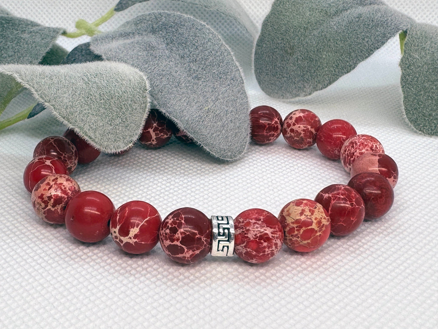 10mm Royal Imperial Jasper Beaded Stretch Bracelet with a Silver Spacer.