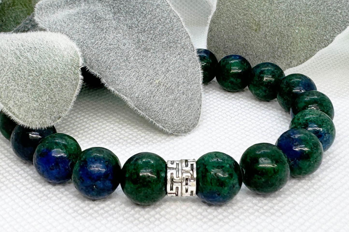 10mm Chrysocolla Azurite Beaded Stretch Bracelet with a Silver Spacer.