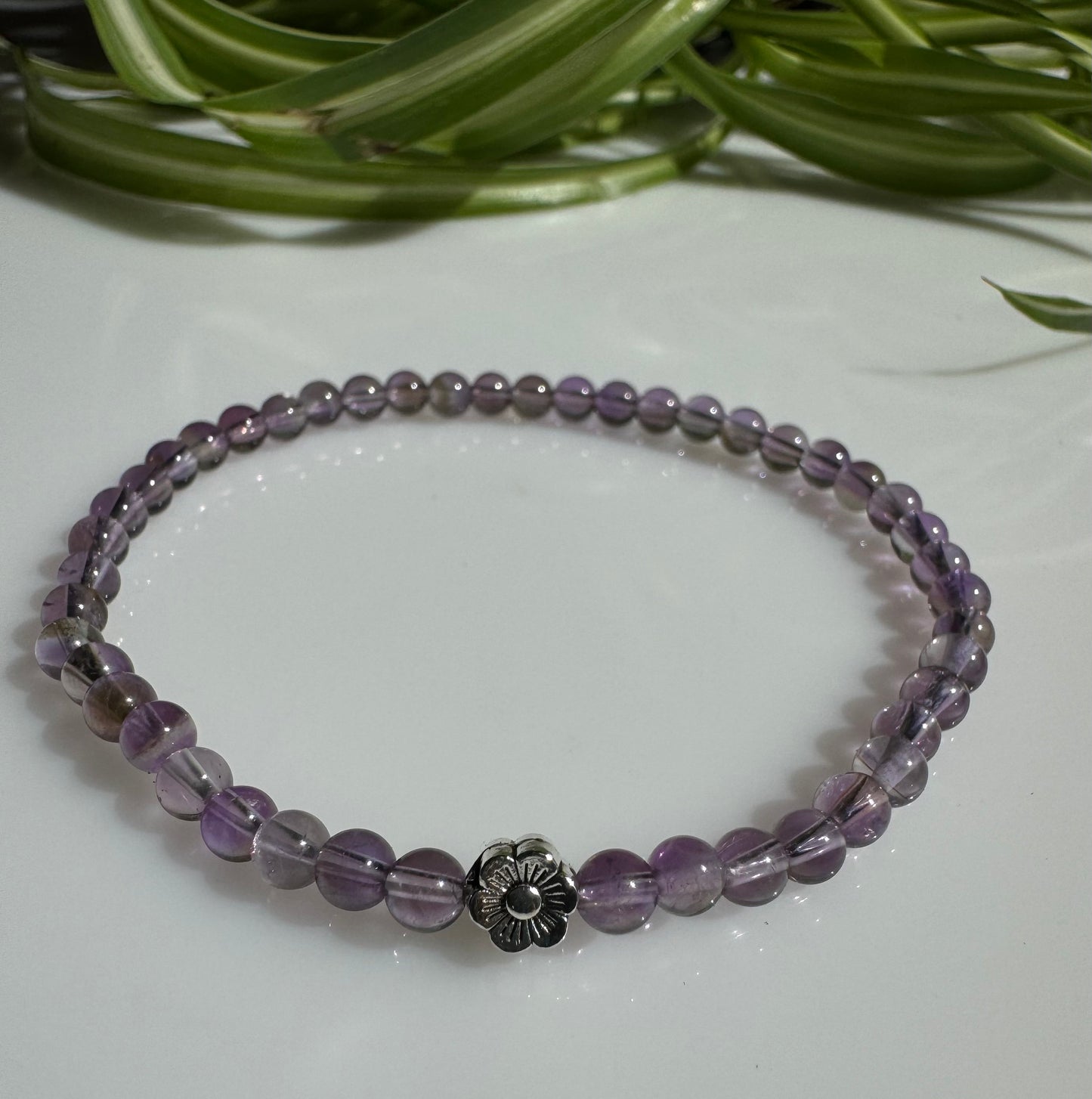 4mm Amethyst Gemstone Beaded Stretch Bracelet with a Flower Silver Bead. January Birthstone. Gift for her. Minimalistic Jewelry.